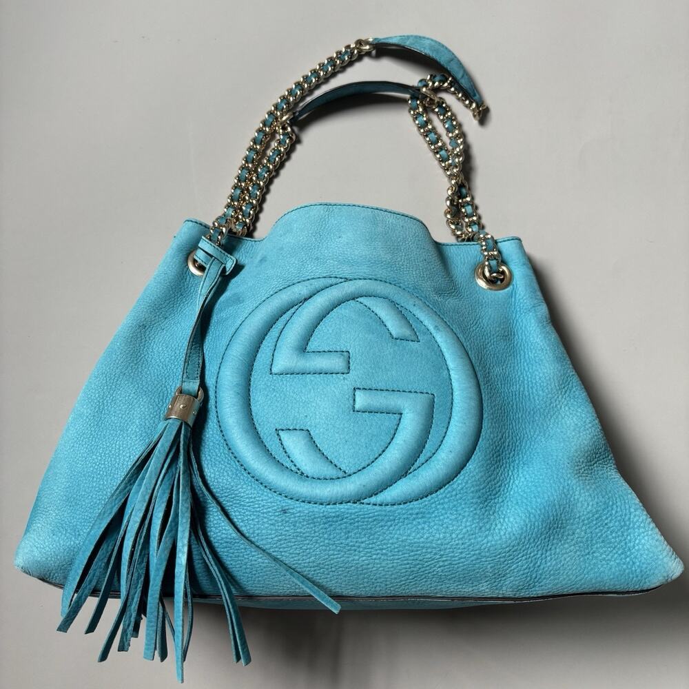Gucci Soho Shoulder Chain Bag Medium Tote Blue Nubuc Leather